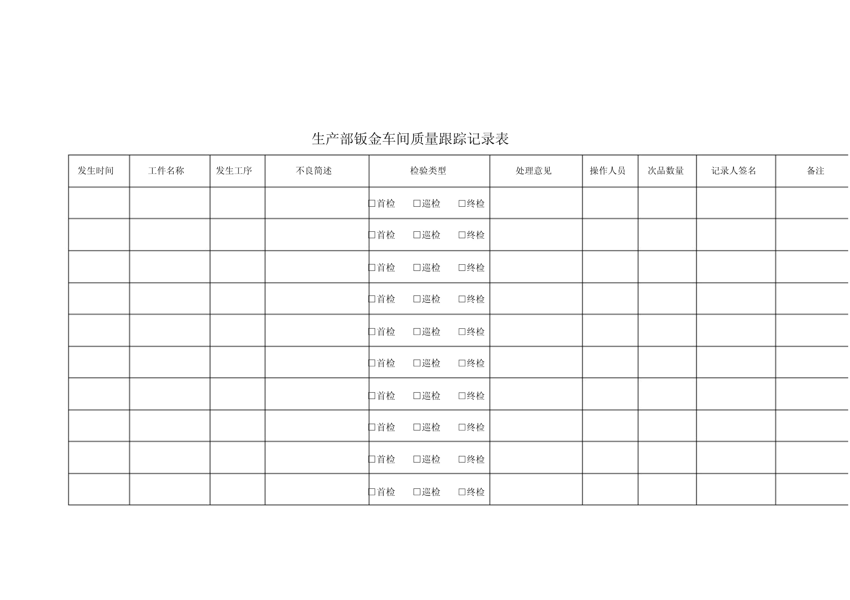 鈑金車間質(zhì)量跟蹤記錄表
